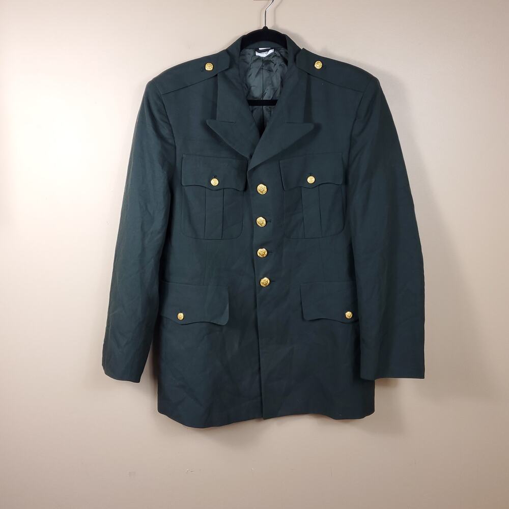 Vintage Army Green Service Coat Blazer Gold Tone Hardware Wool Blend 42R